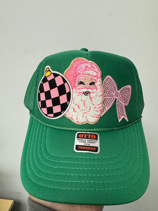 Santa with ornament and bow green trucker hat