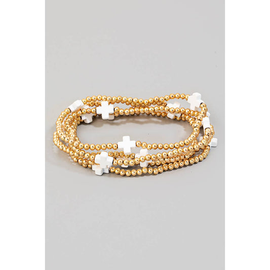 Cross And Metallic Beads Layered Bracelet White