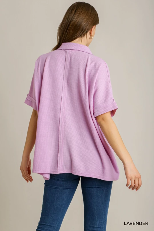 Oversized Boxy Cut Waffle Knit Button Down Collared Top with Chest Pocket
