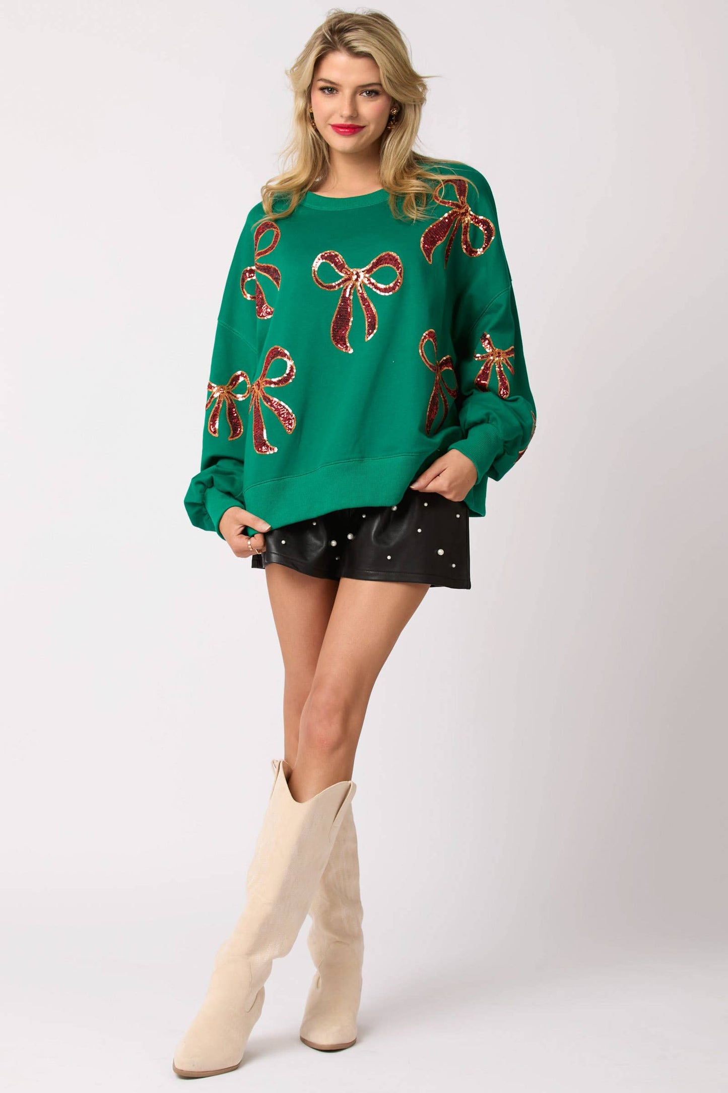 Christmas Bow Embroidery Oversized Green Sweatshirts