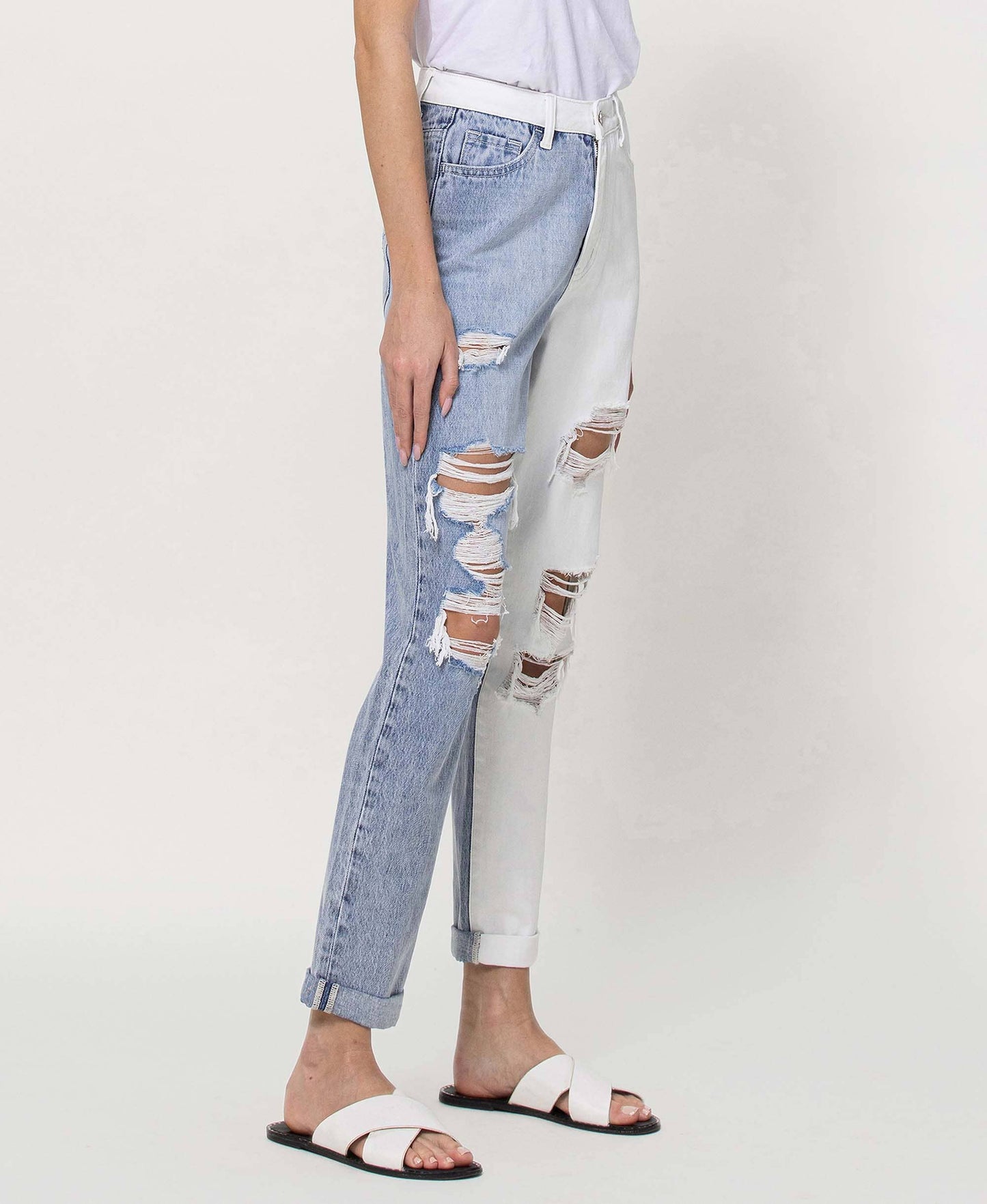 SUPER HIGH RISE SPLIT TWO TONE CUFFED MOM JEANS EMMA