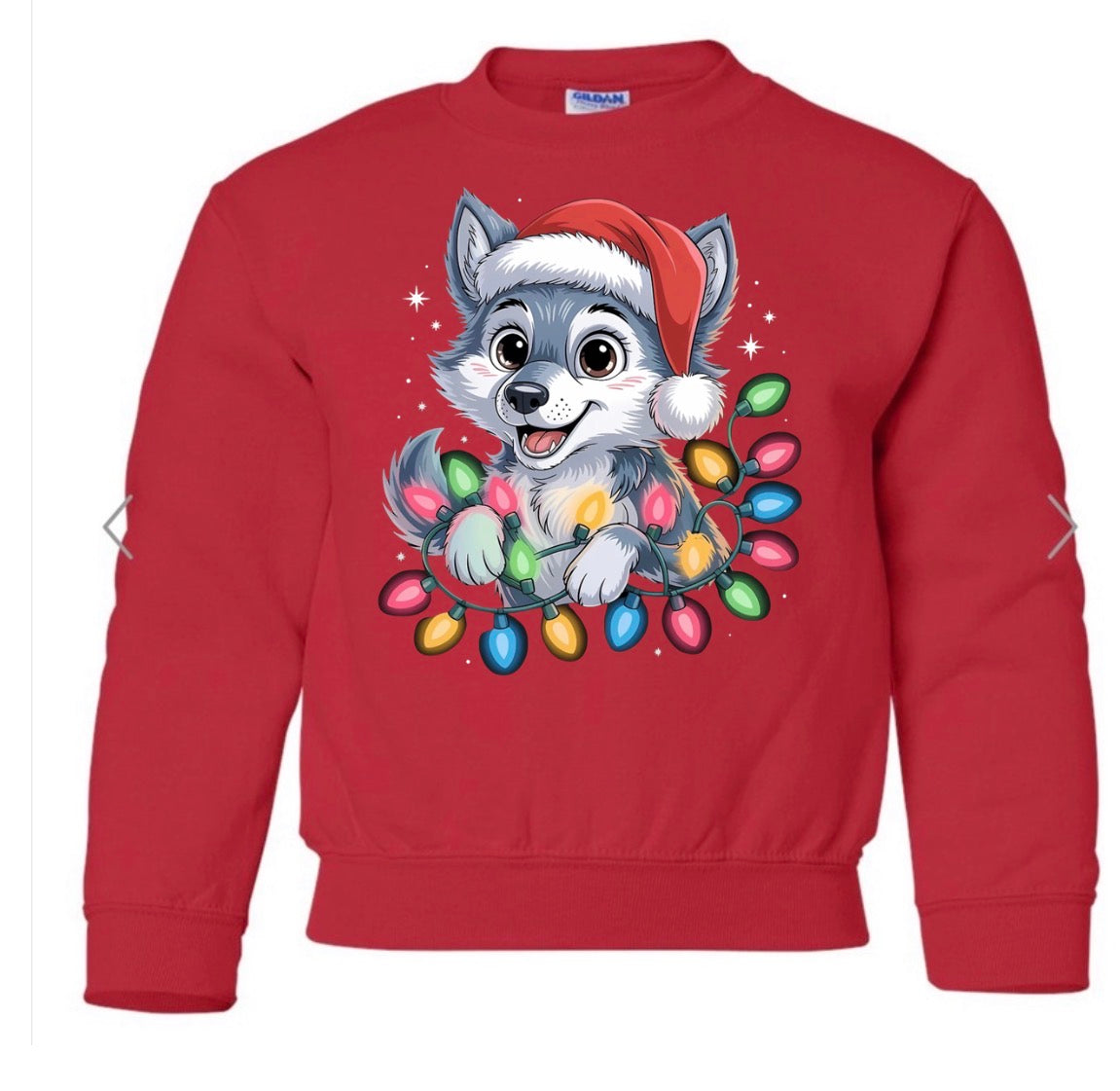 Wolfpups mascot with Christmas lights on red