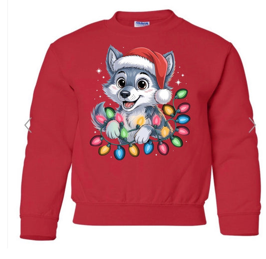 Wolfpups mascot with Christmas lights on red