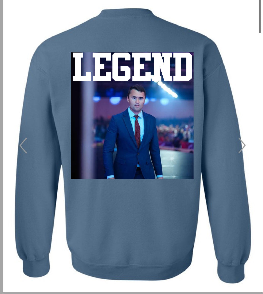 LEGEND CHARLIE KIRK ON INDIGO BLUE SWEATSHIRT