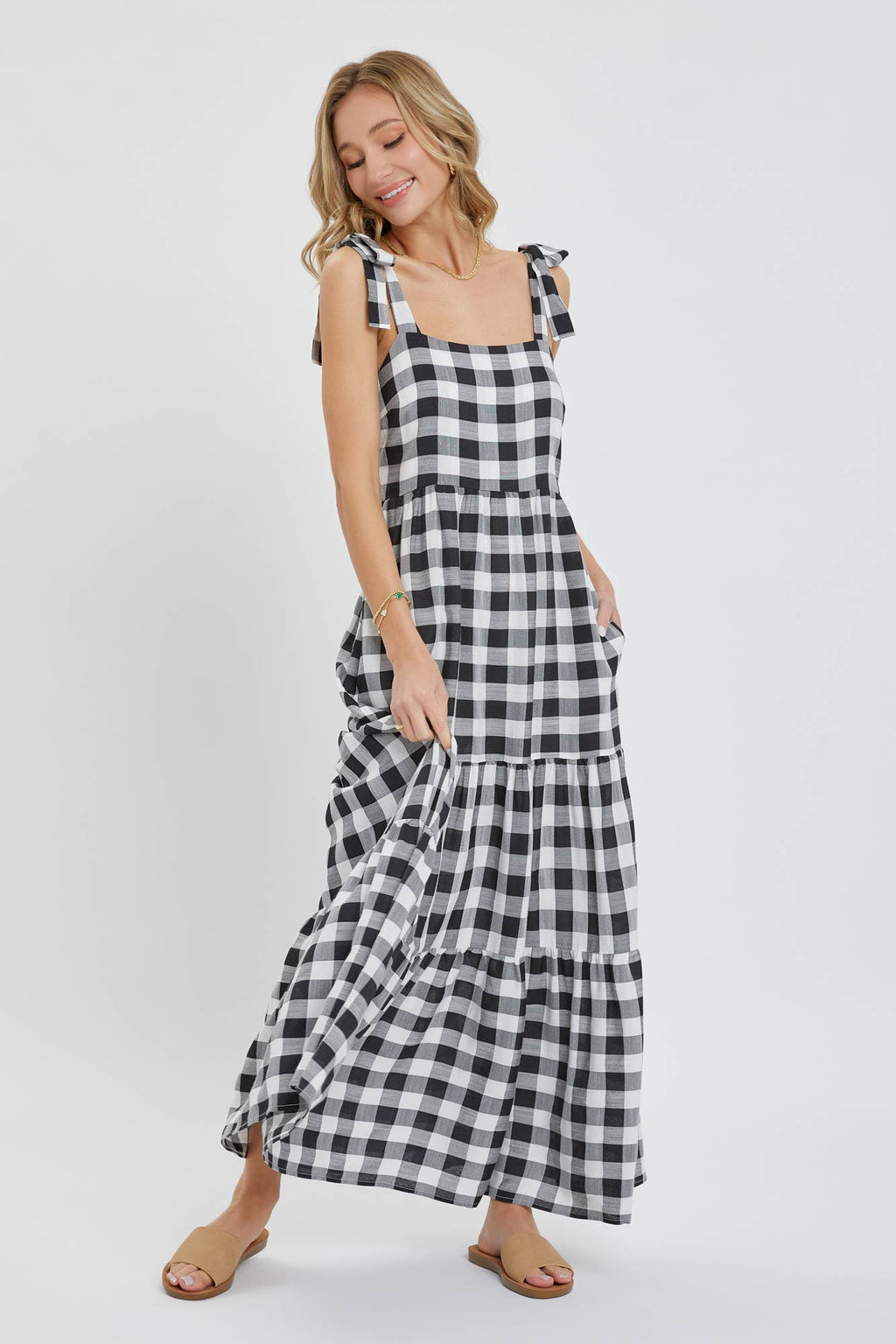GINGHAM TIERED MAXI DRESS: TAUPE
