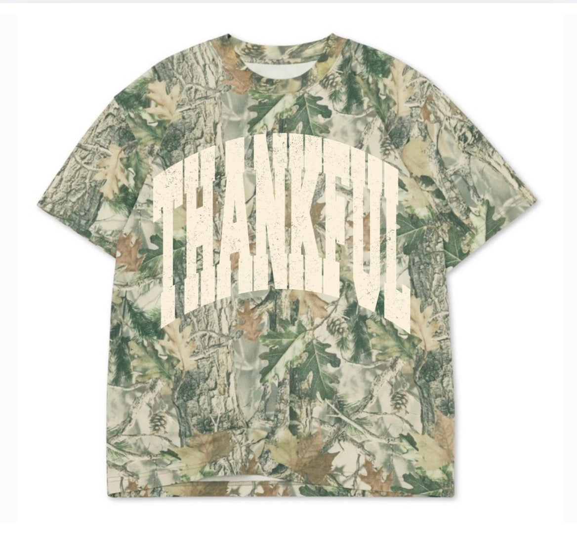 Thankful big varsity letters on camo tee