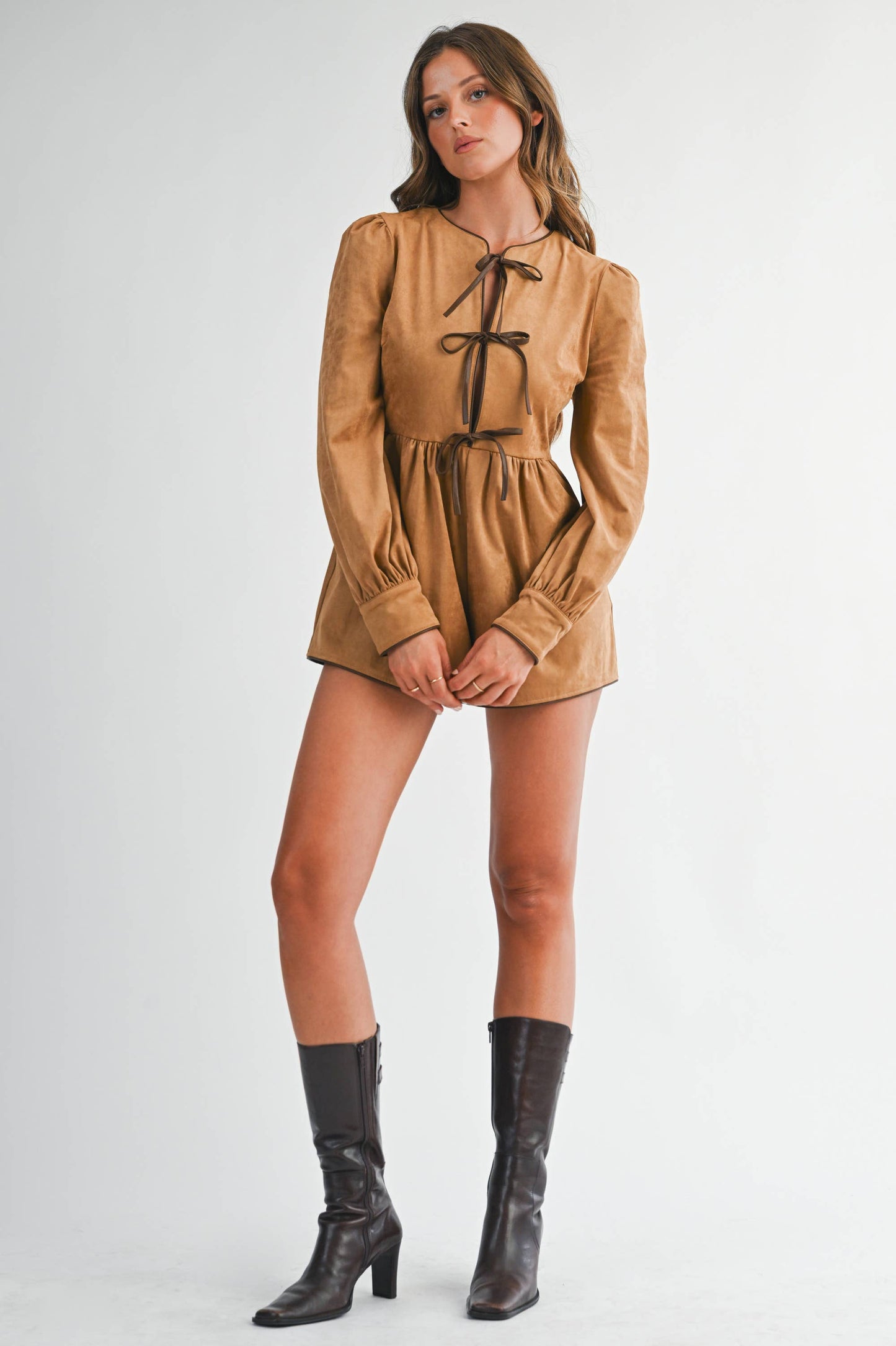 Suede Tie-Front Long Sleeve Romper