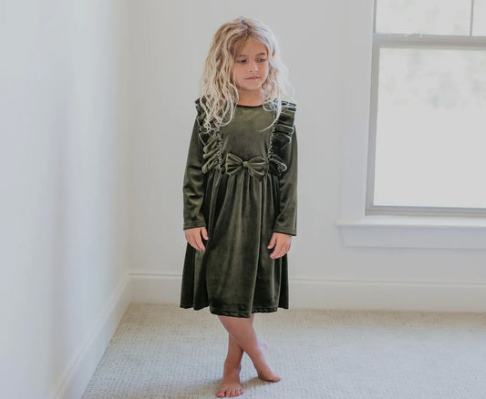 Kids Dark Green Velvet Bow Dress