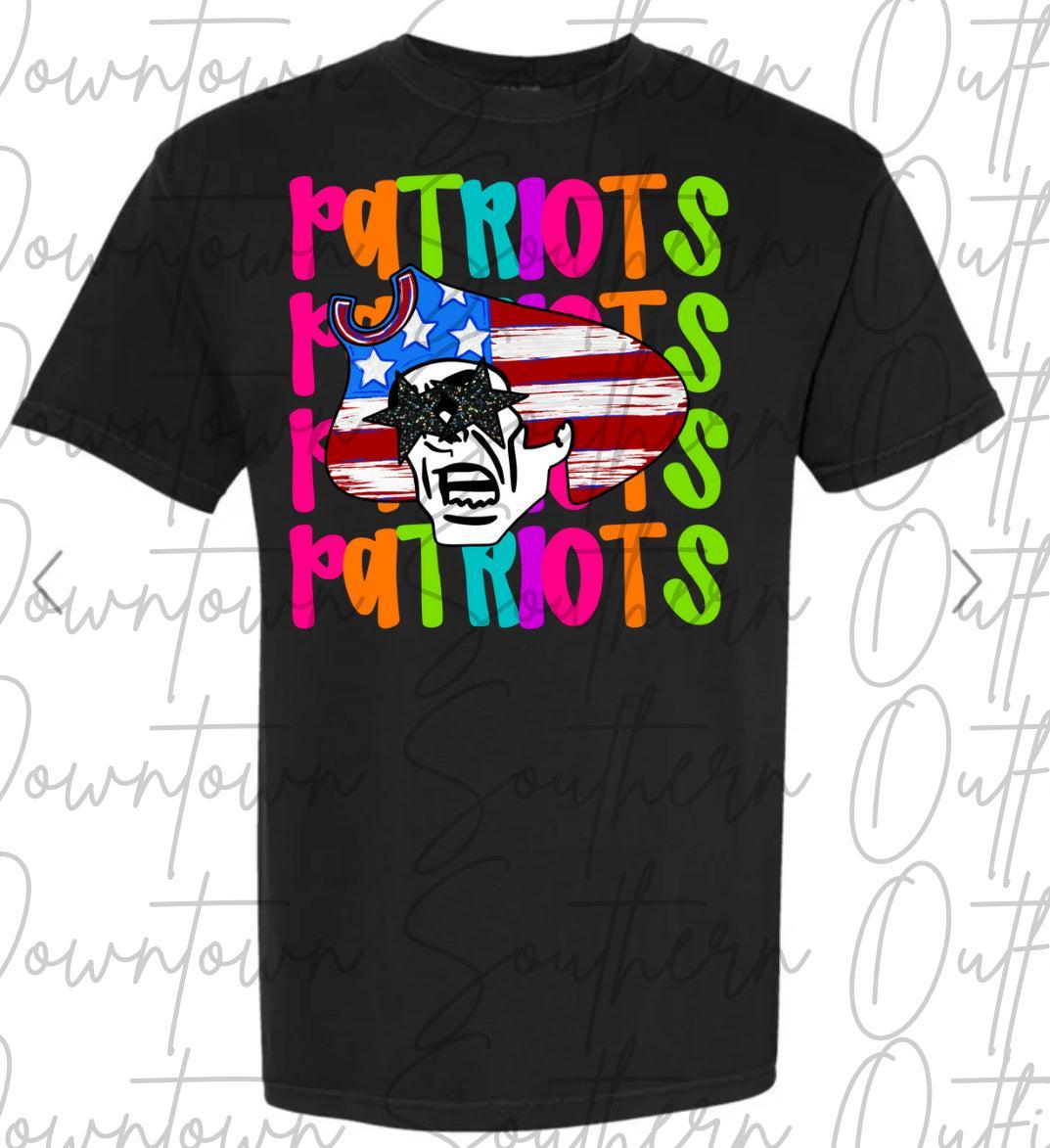 Patriots Multi Color Neon Stacked Black Tee