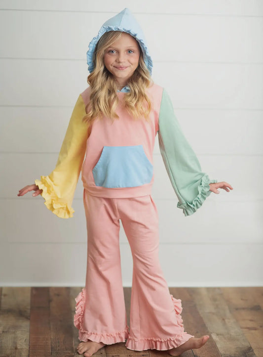 Kids Pastel Hooded Ruffle Pocket Lounge Set