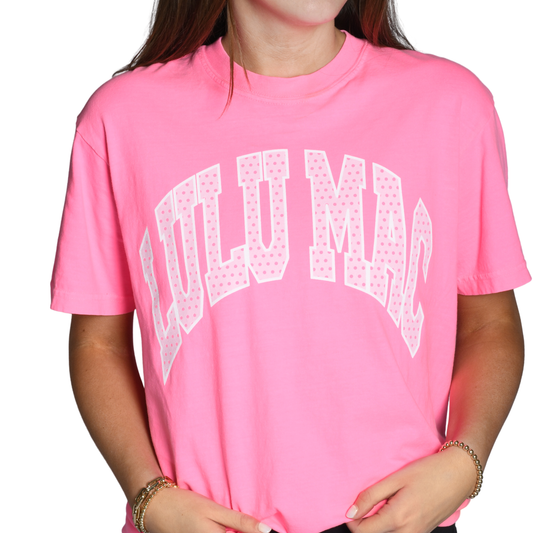 LULU MAC Polka Dot Adult Neon Pink Comfort Colors Tee