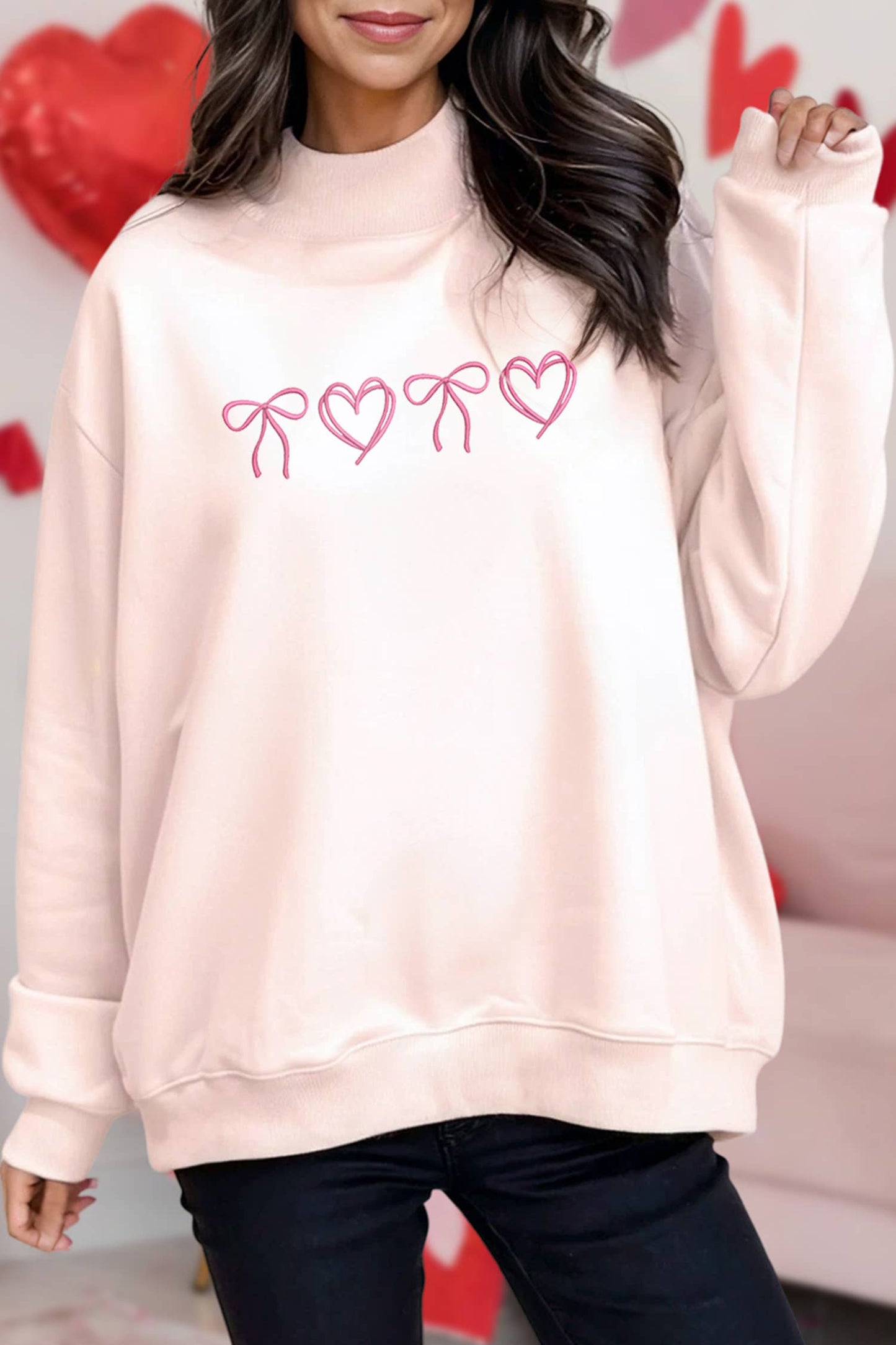 Heart Bow Embroidered Mock Neck Sweatshirt Light Pink