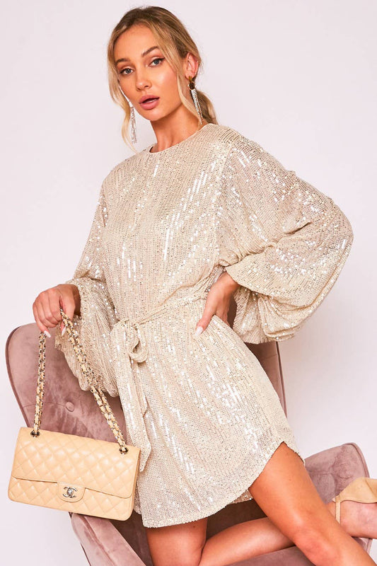 Round Neck Balloon Sleeve Sequin Mini Dress Taupe