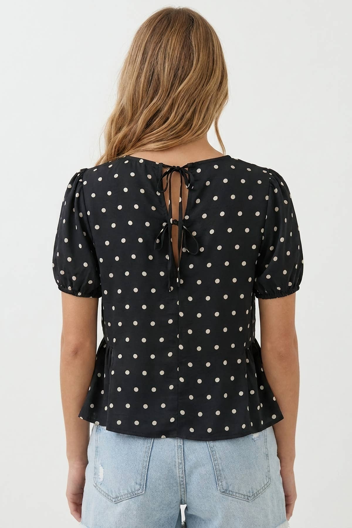 POLKA DOT SSLV PEPLUM BLOUSE - 45917T: Beige / L