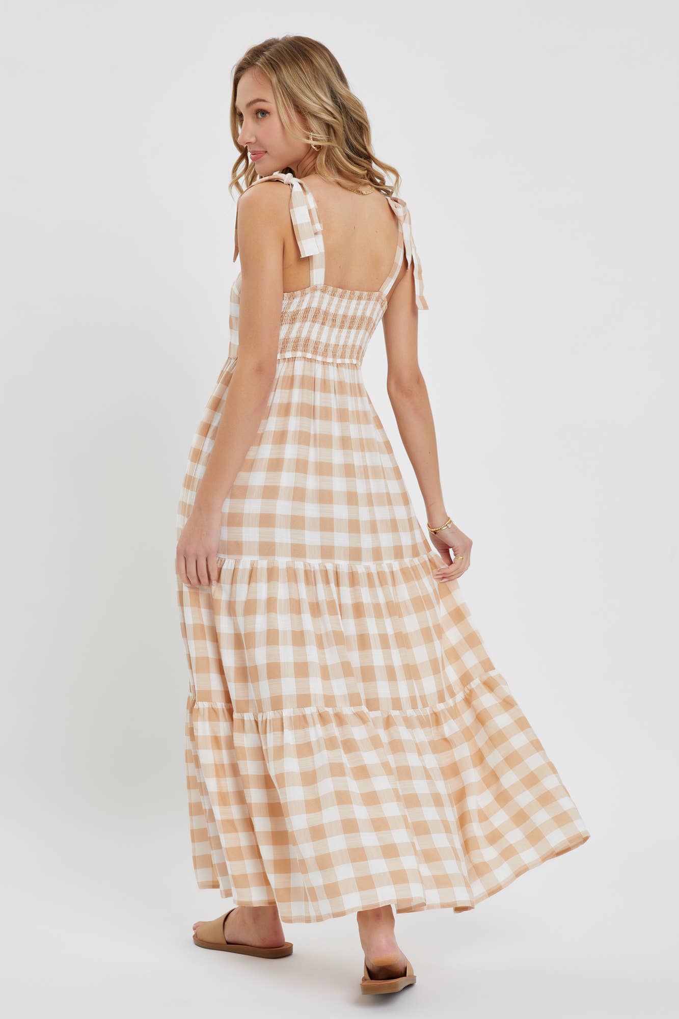 GINGHAM TIERED MAXI DRESS: TAUPE