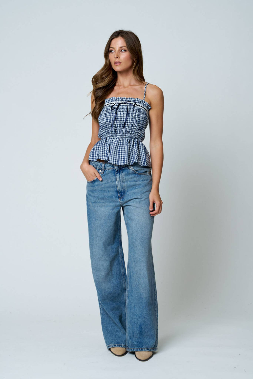 SMOCKED GINGHAM LACE TRIM PEPLUM SPAGHETTI TOP: NAVY