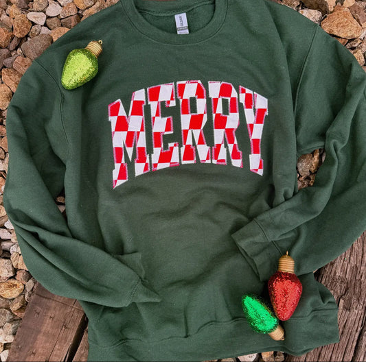 Merry Red Plaid Appliqué Green Sweatshirt