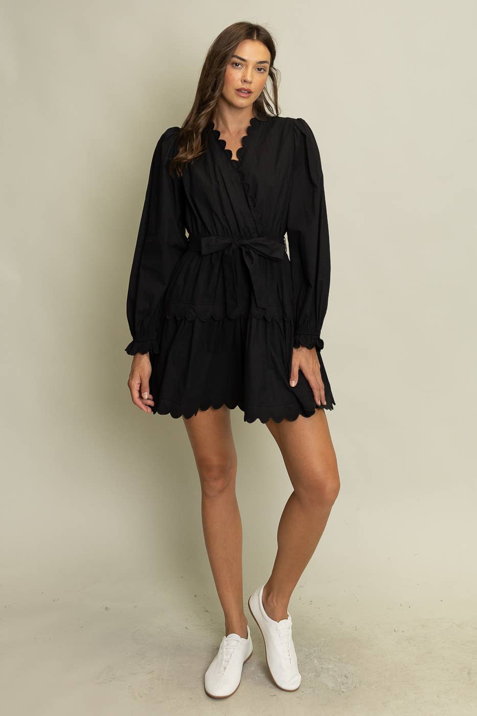 Scalloped Wrap Dress: Black