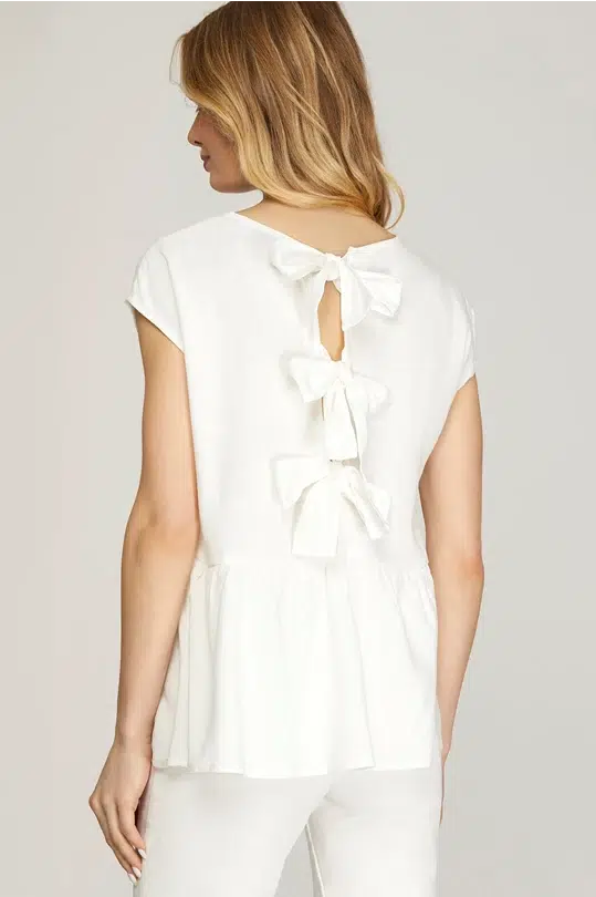 DROP SHOULDER WOVEN LINEN TOP WITH TRIPLE BACK BOW TIES DETAIL