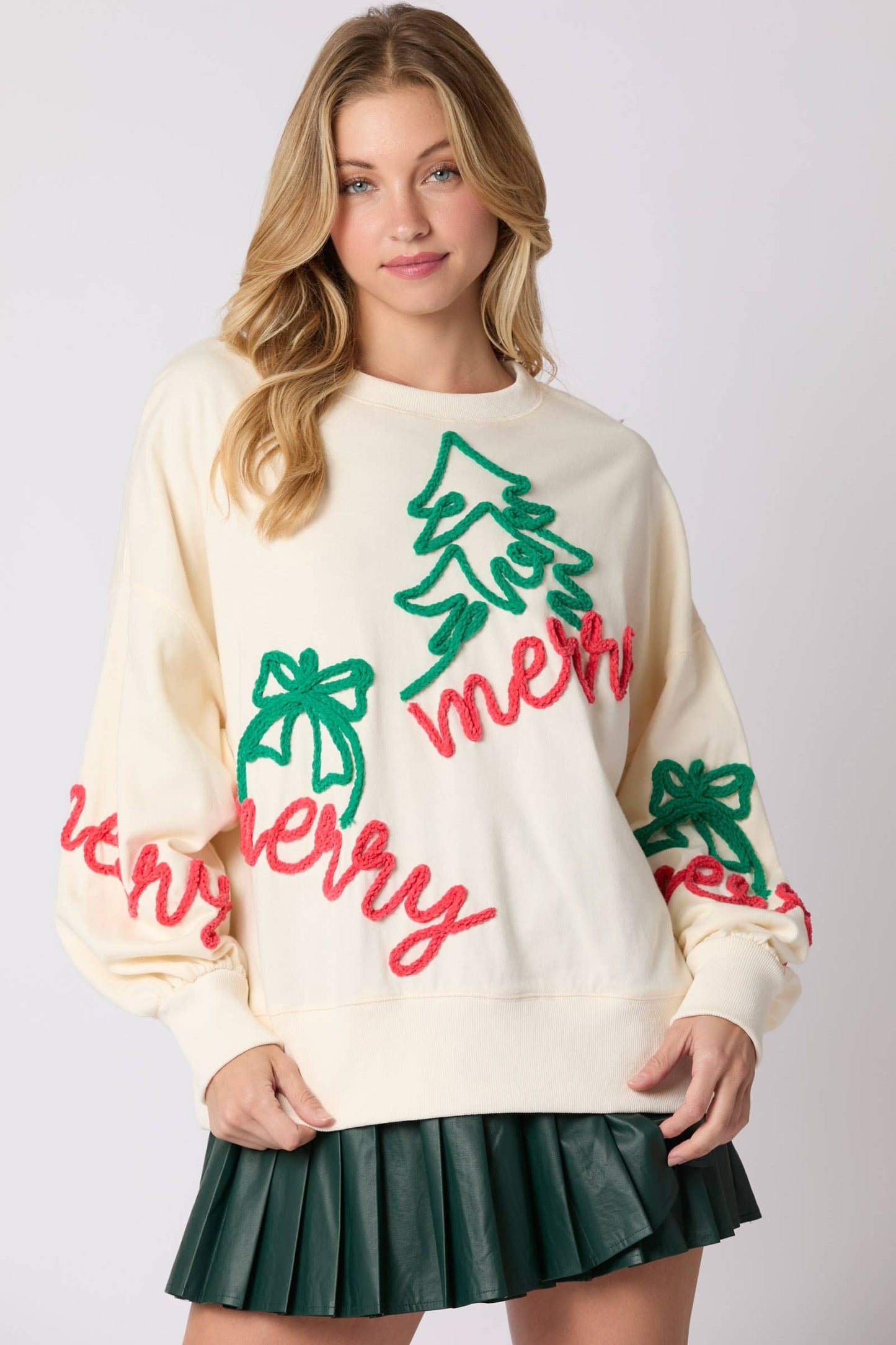 Merry Thread Embroidery Oversized Sweatshirts Cream