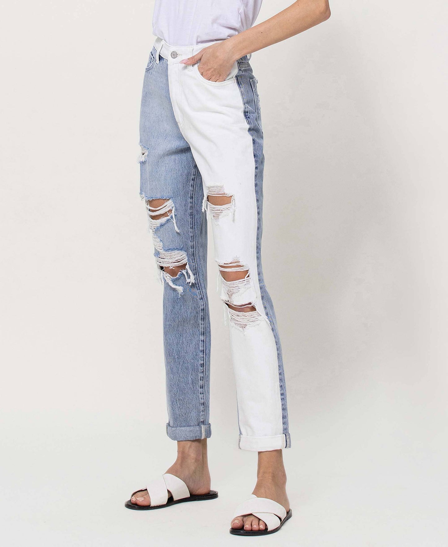 SUPER HIGH RISE SPLIT TWO TONE CUFFED MOM JEANS EMMA