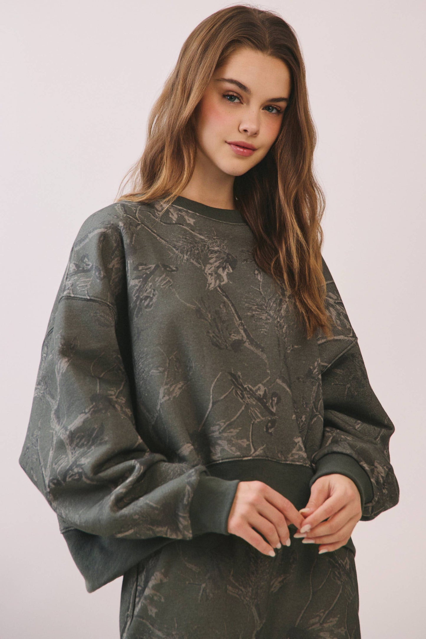 Camouflage Print Dropped Shoulders Sweatshirt Olive