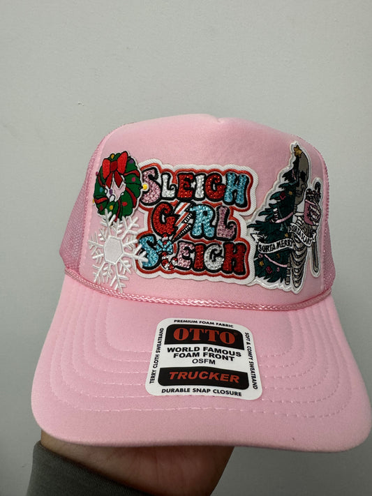 Sleigh Girl Sleigh Sorta Merry Sorta Scary Pink Trucker Hat