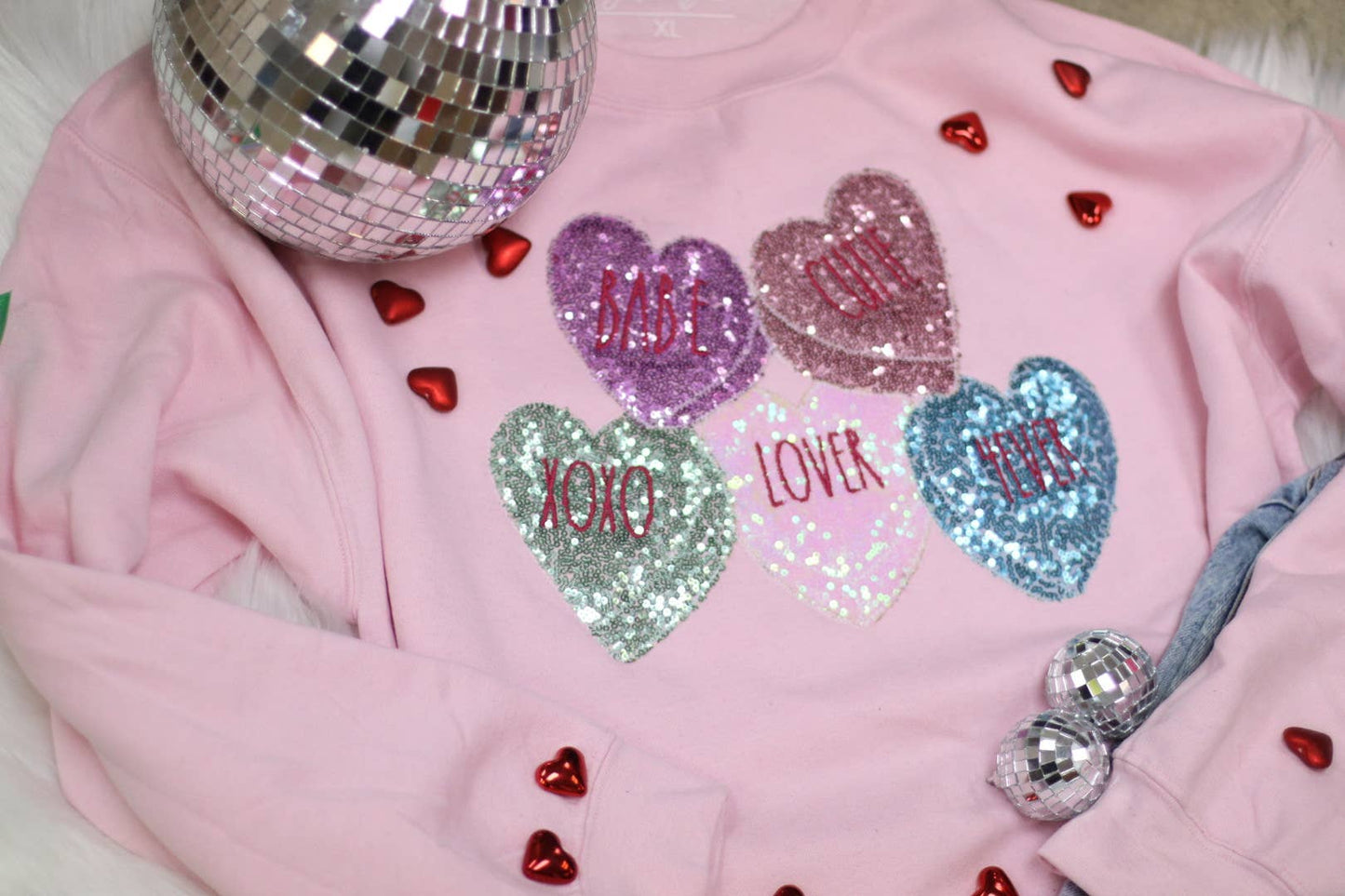 Valentines Conversation Hearts Sequin Appliqué Sweatshirt