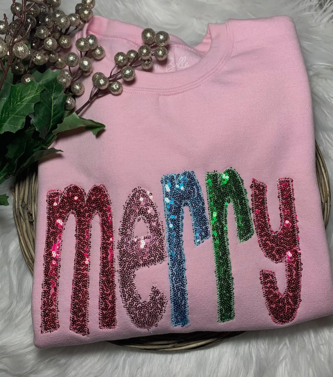 Merry Sequin Appliqué Pink Sweatshirt