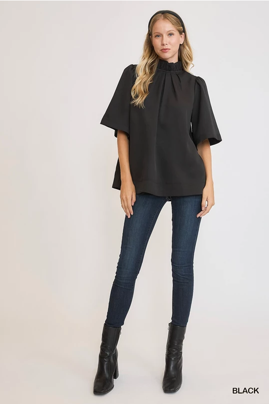 Black Bell Sleeve Top with Back Bow Tie