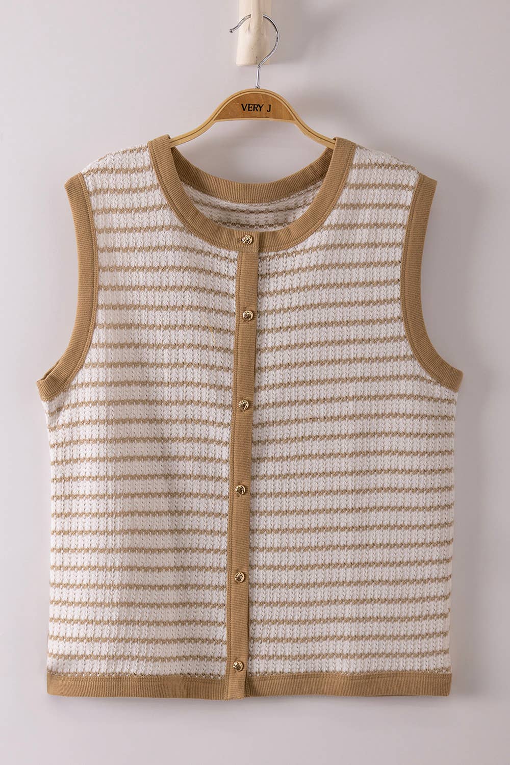 Stripe Knit Button Down Top: TAUPE