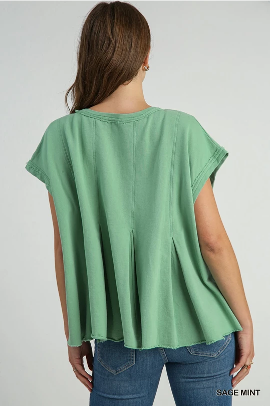 Mint Crewneck Short Sleeve French Terry Top with Pleat & Frayed Details