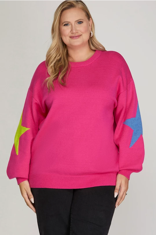 PINK SWEATER TOP WITH STAR PATTERN SLEEVES