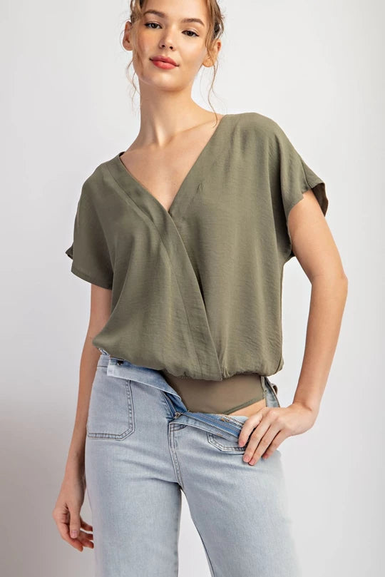 OLIVE V-NECK SURPLICE BODYSUIT