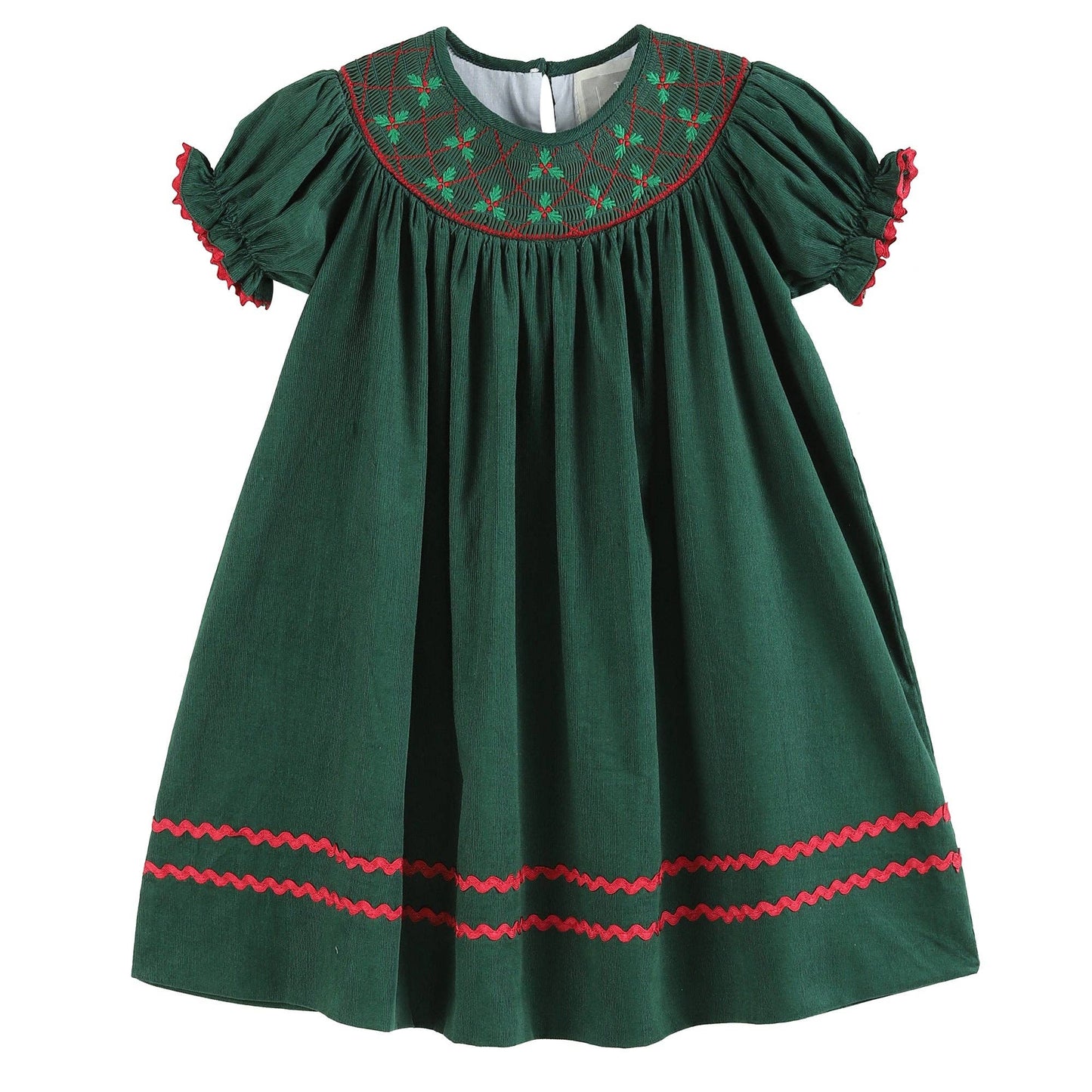 Youth Green Christmas Mistletoe Smocked Bishop Dress