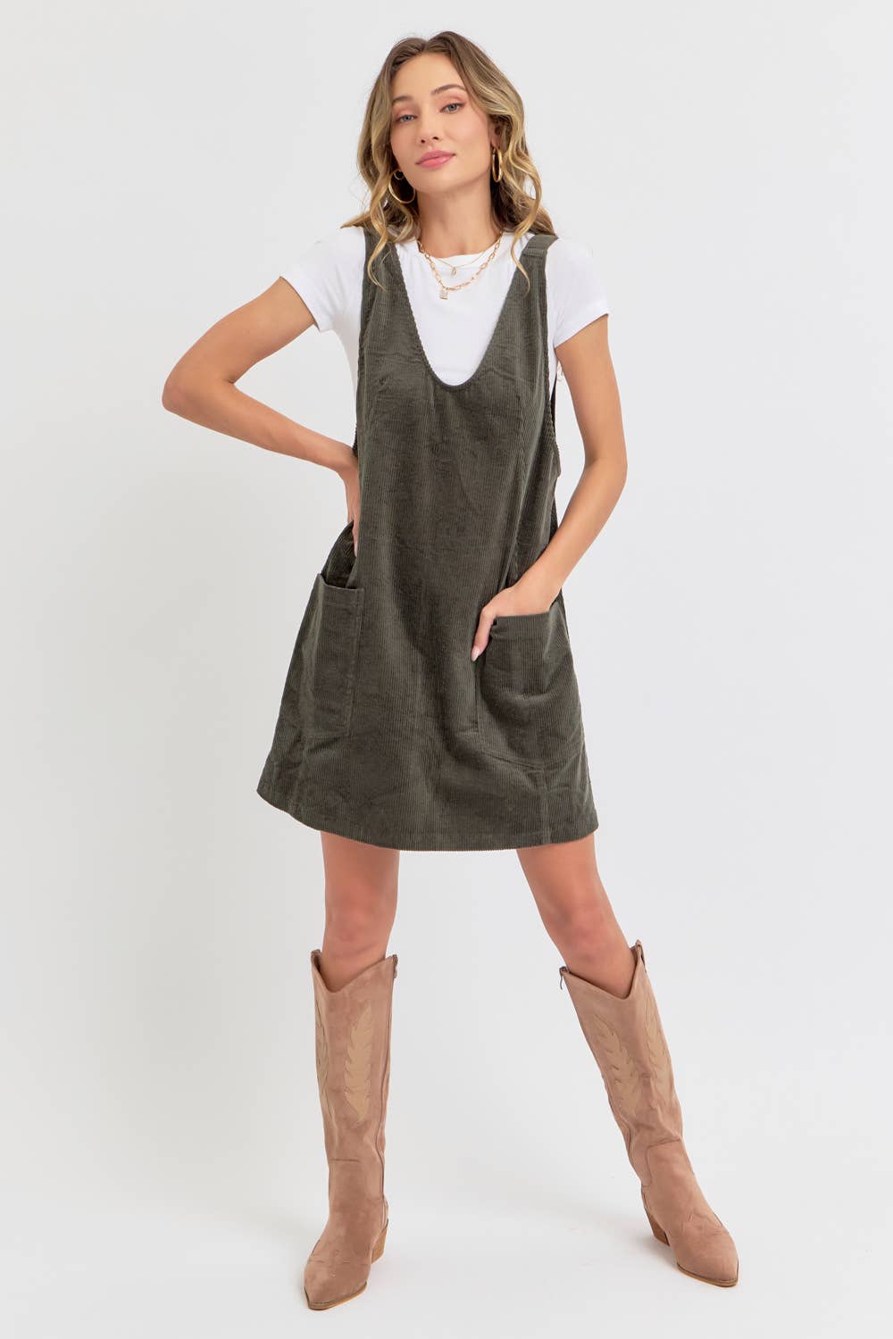CASUAL OVERALL CORDUROY DRESS CAMEL