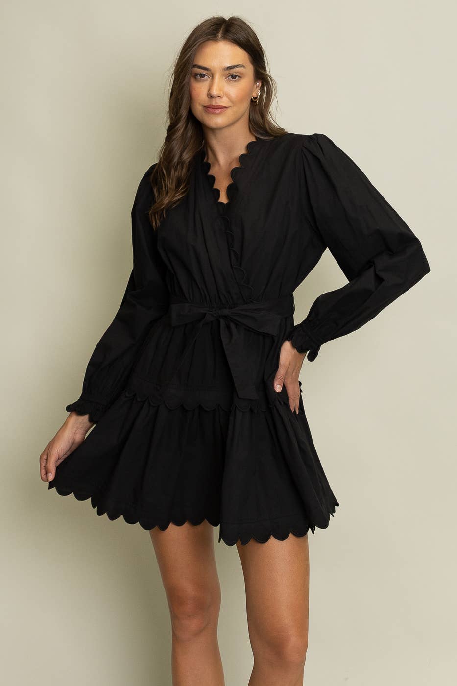 Scalloped Wrap Dress: Black