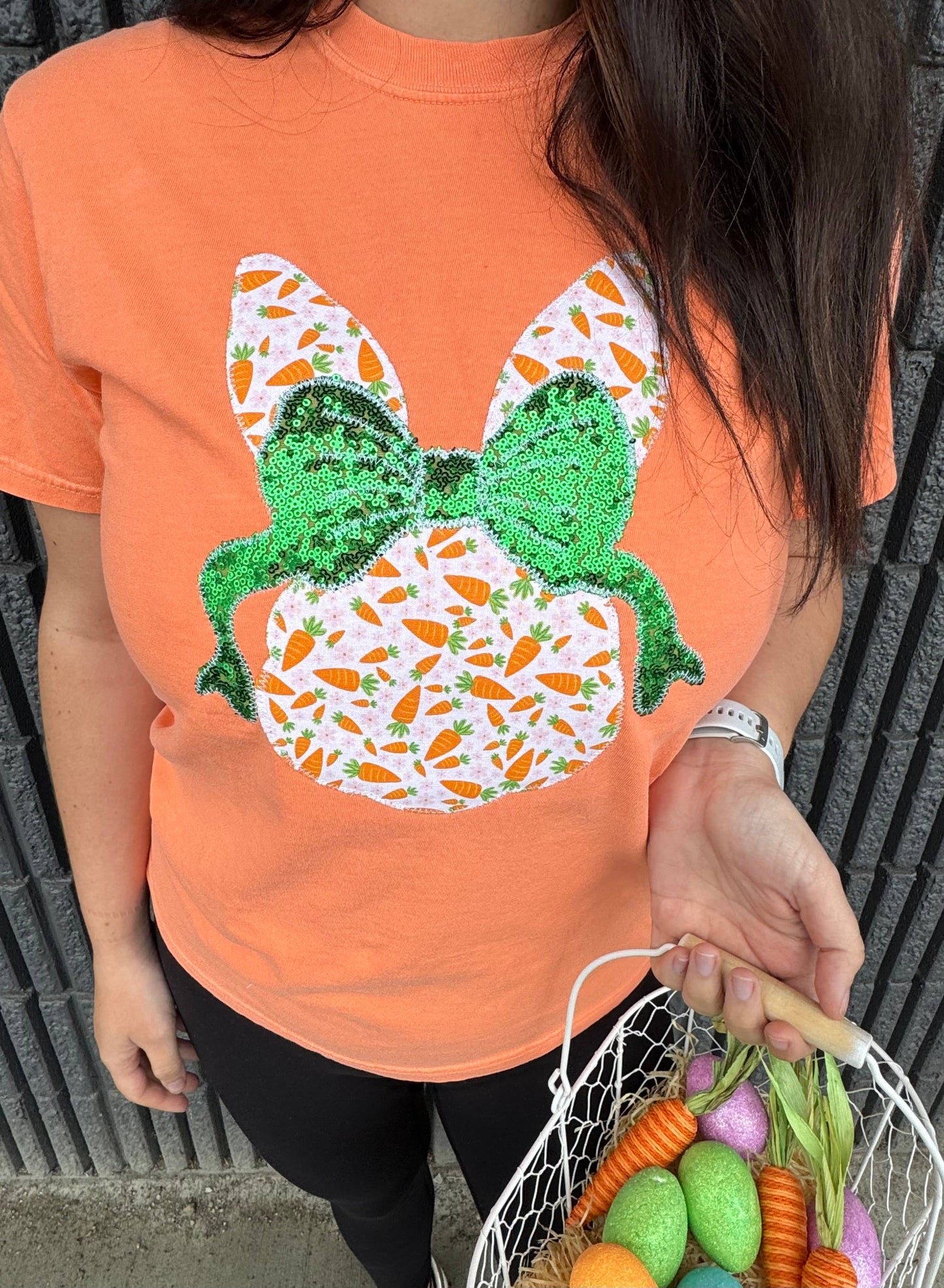 Bunny with Carrot & Bow Orange Embroidery Tee