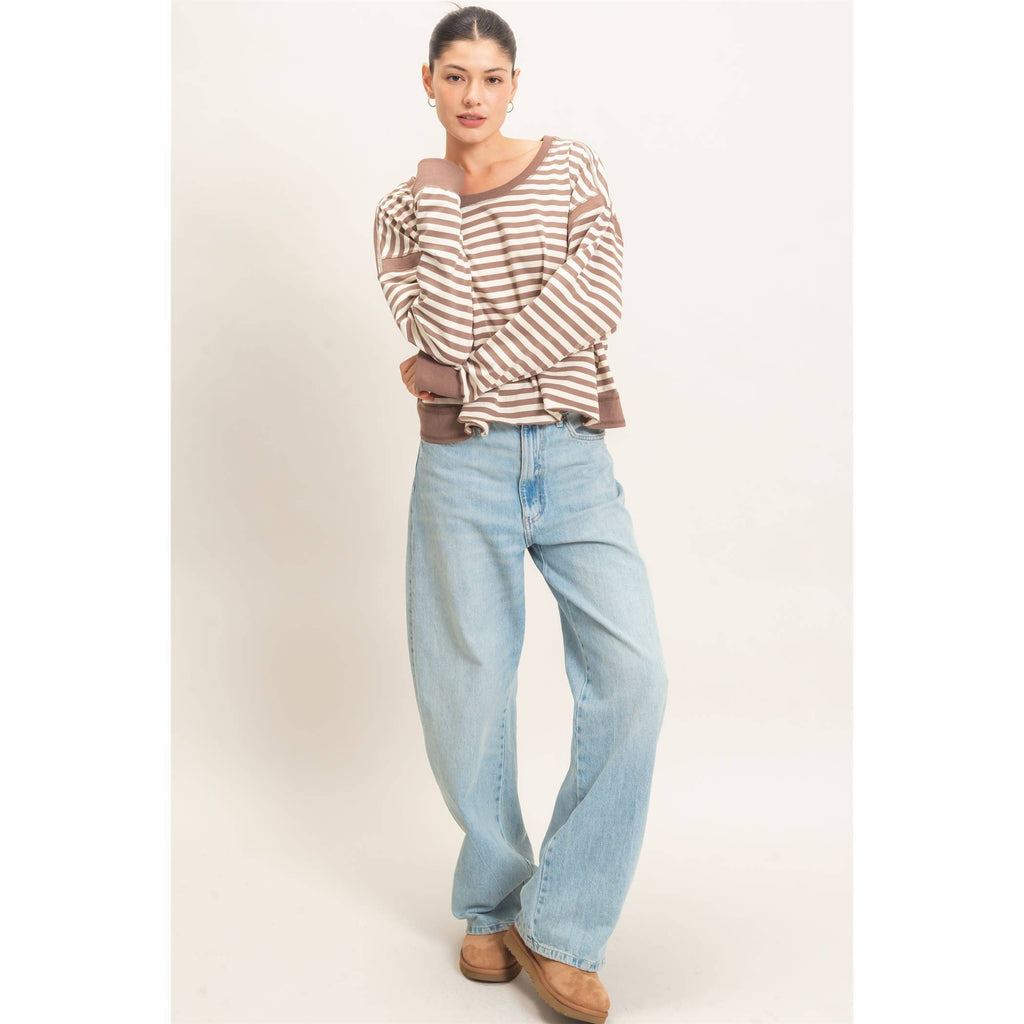 Striped Long Sleeve Top: MOCHA / WHITE