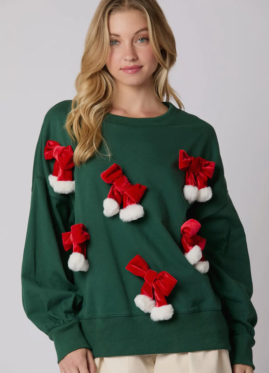 Velvet & Fur Red Bow Green Oversized Sweatshirt