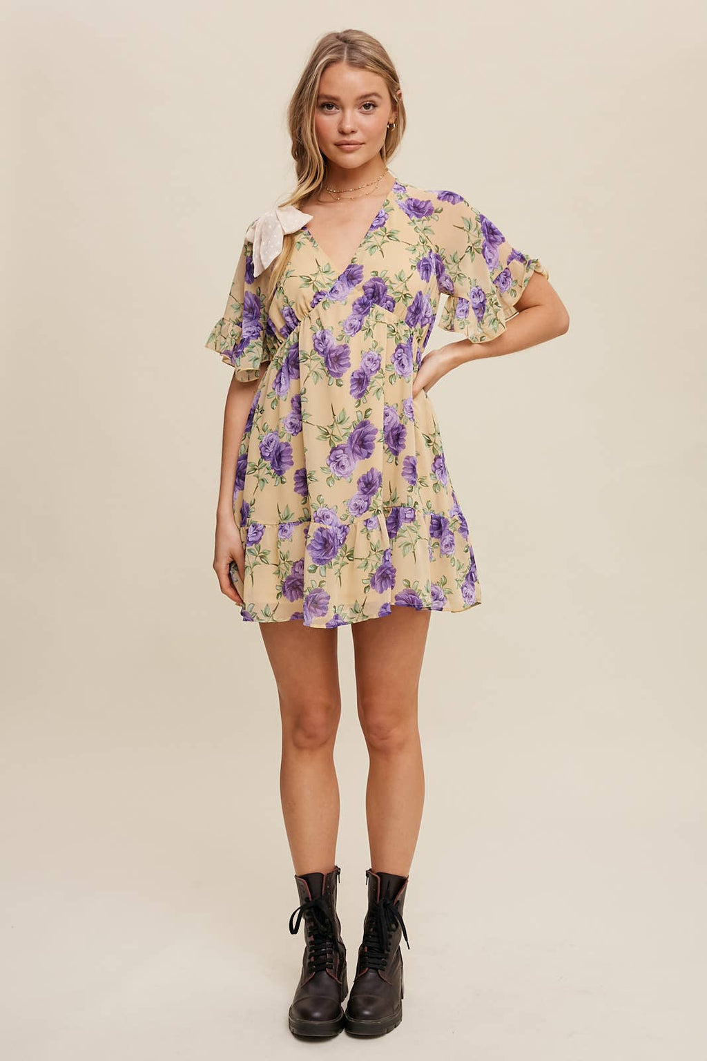 Floral Ruffle Sleeve Mini Dress: Cream