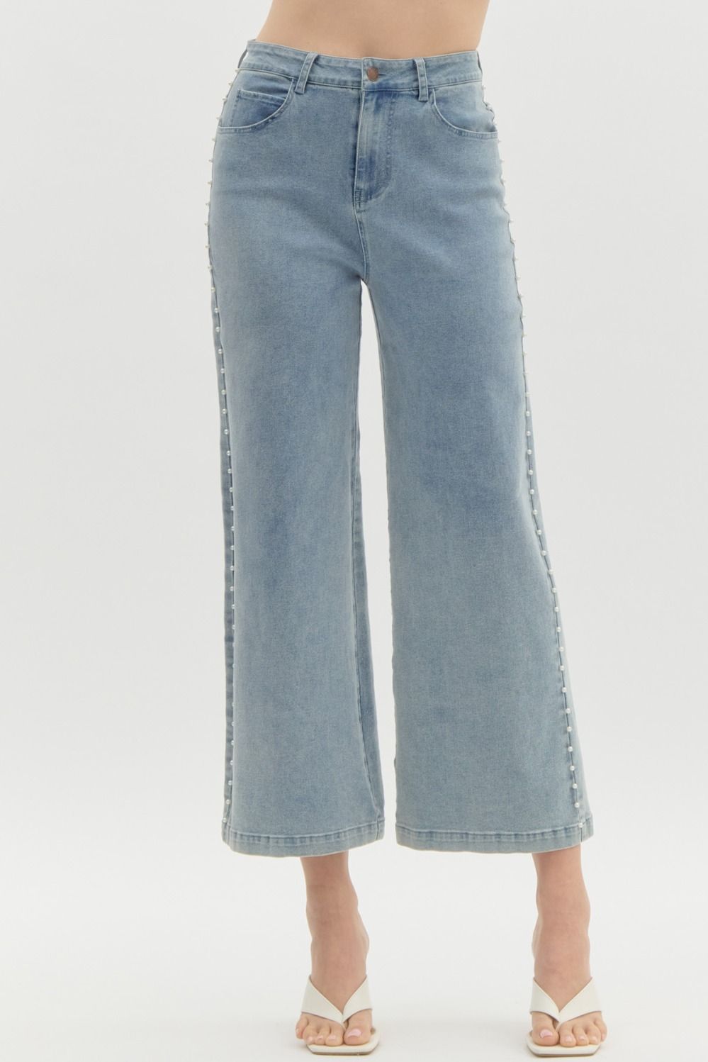 Denim High waisted denim wide leg pants featuring pearl details at side