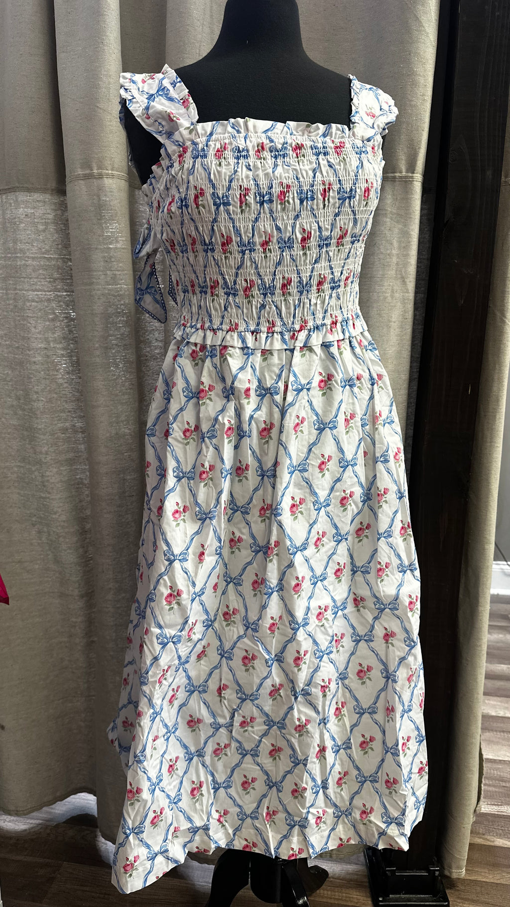 Smocked and Bow Back Midi Dress- ivory/blue multi