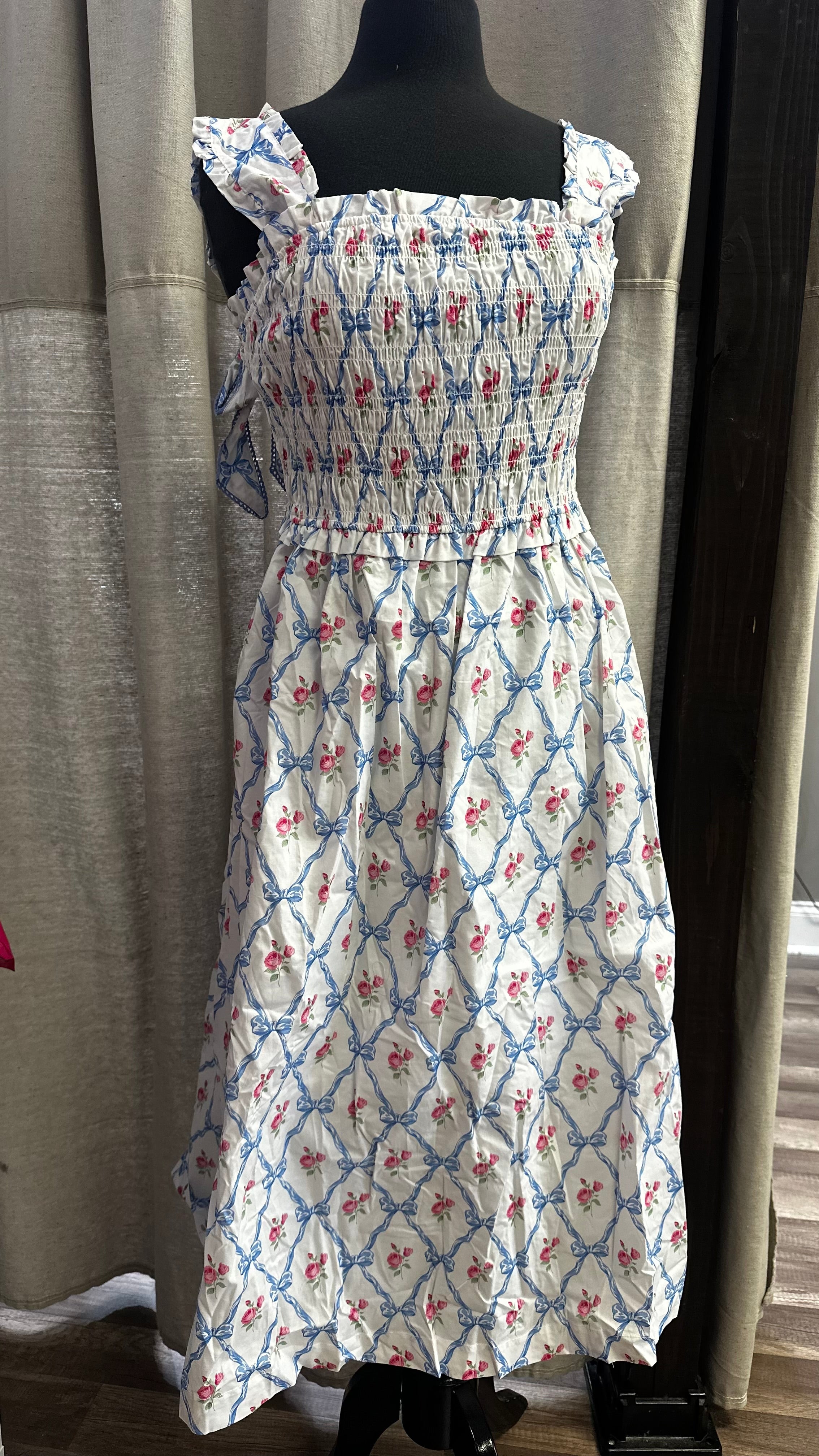 Smocked and Bow Back Midi Dress- ivory/blue multi