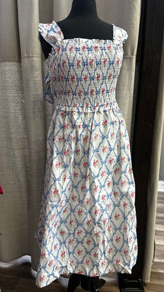 Smocked and Bow Back Midi Dress- ivory/blue multi