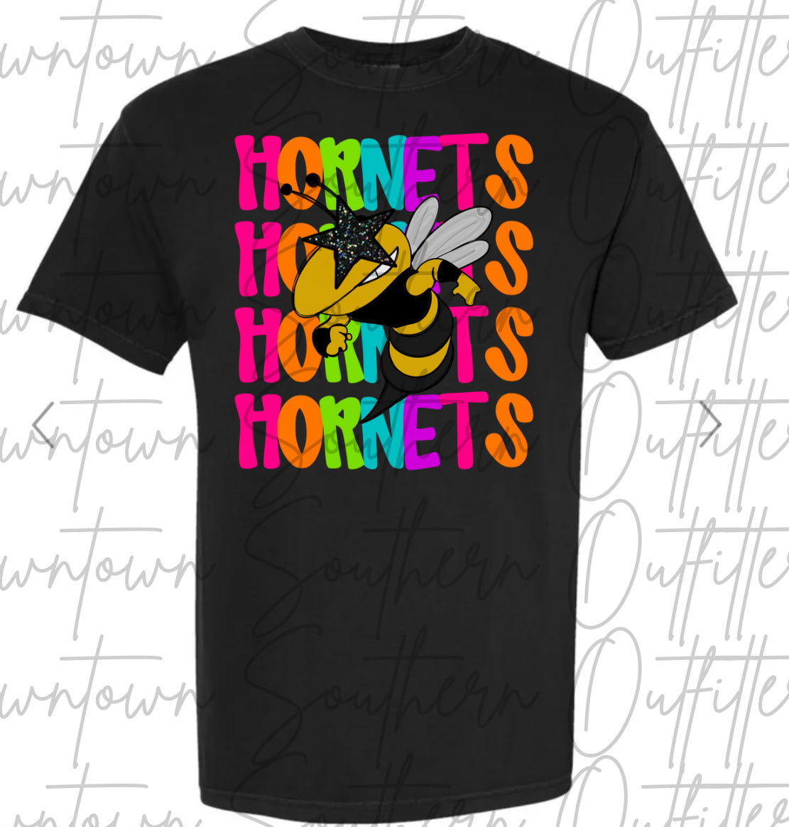 Hornets Multi Color Neon Stacked Black Tee