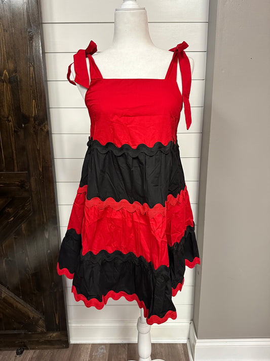 Red/Black Shoulder Tie Mini Dress With Wavey Trim