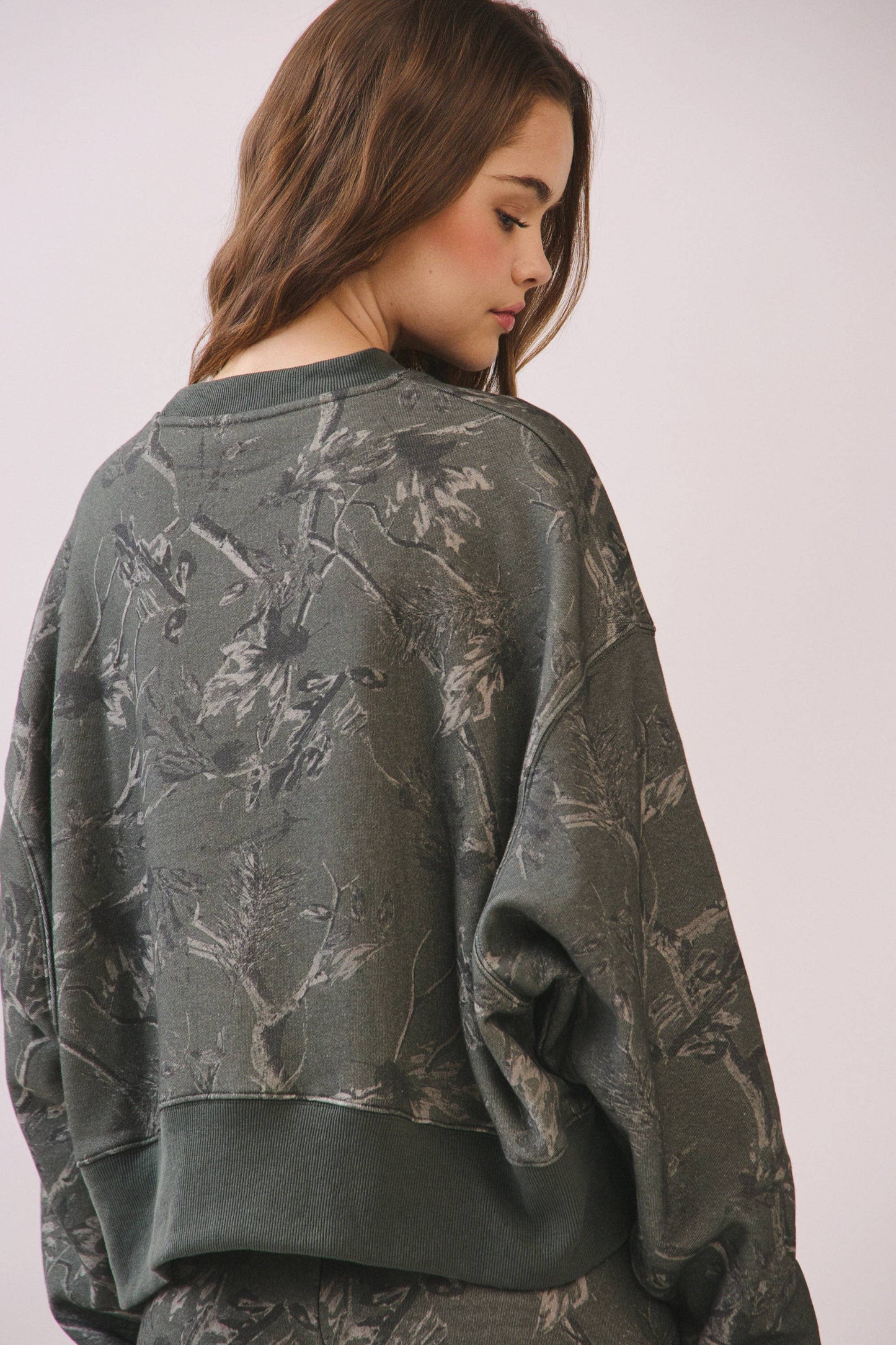 Camouflage Print Dropped Shoulders Sweatshirt Olive