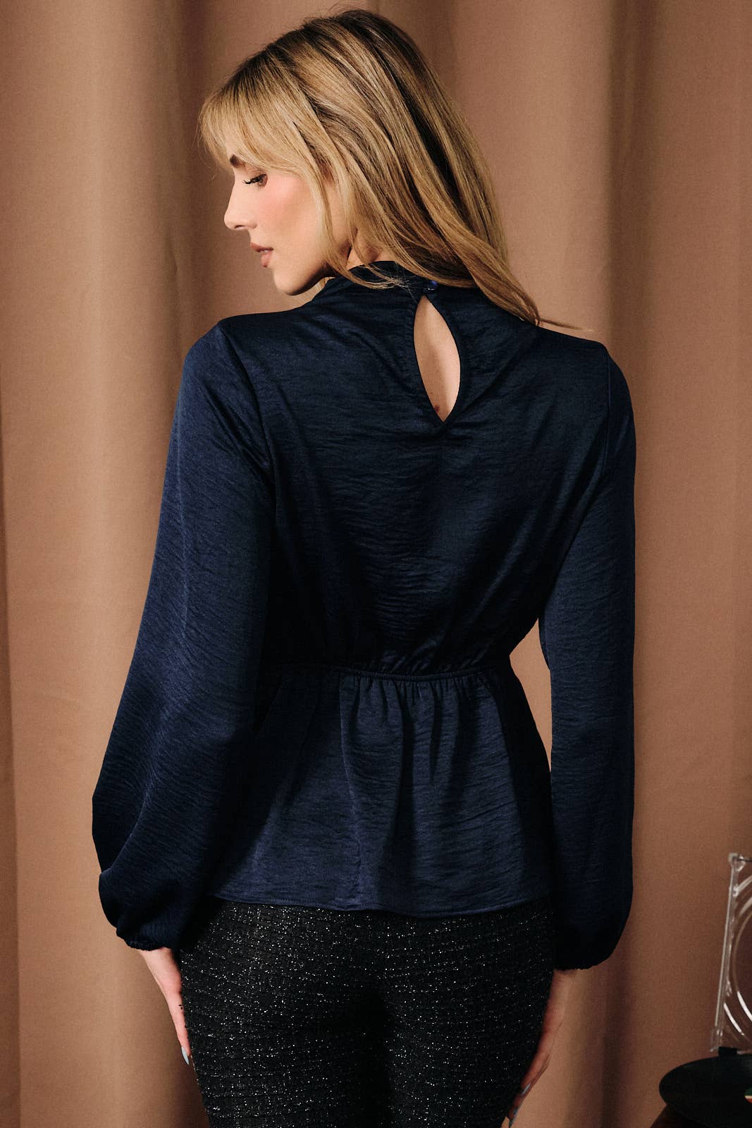 Mock Neck Asymmetric Wrap Drape Satin Top: NAVY