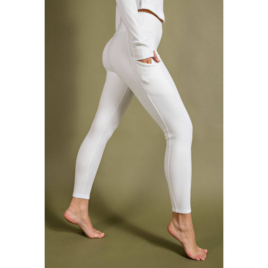 RIB BRUSHED HIGH RISE LEGGINGS WITH POCKETS White